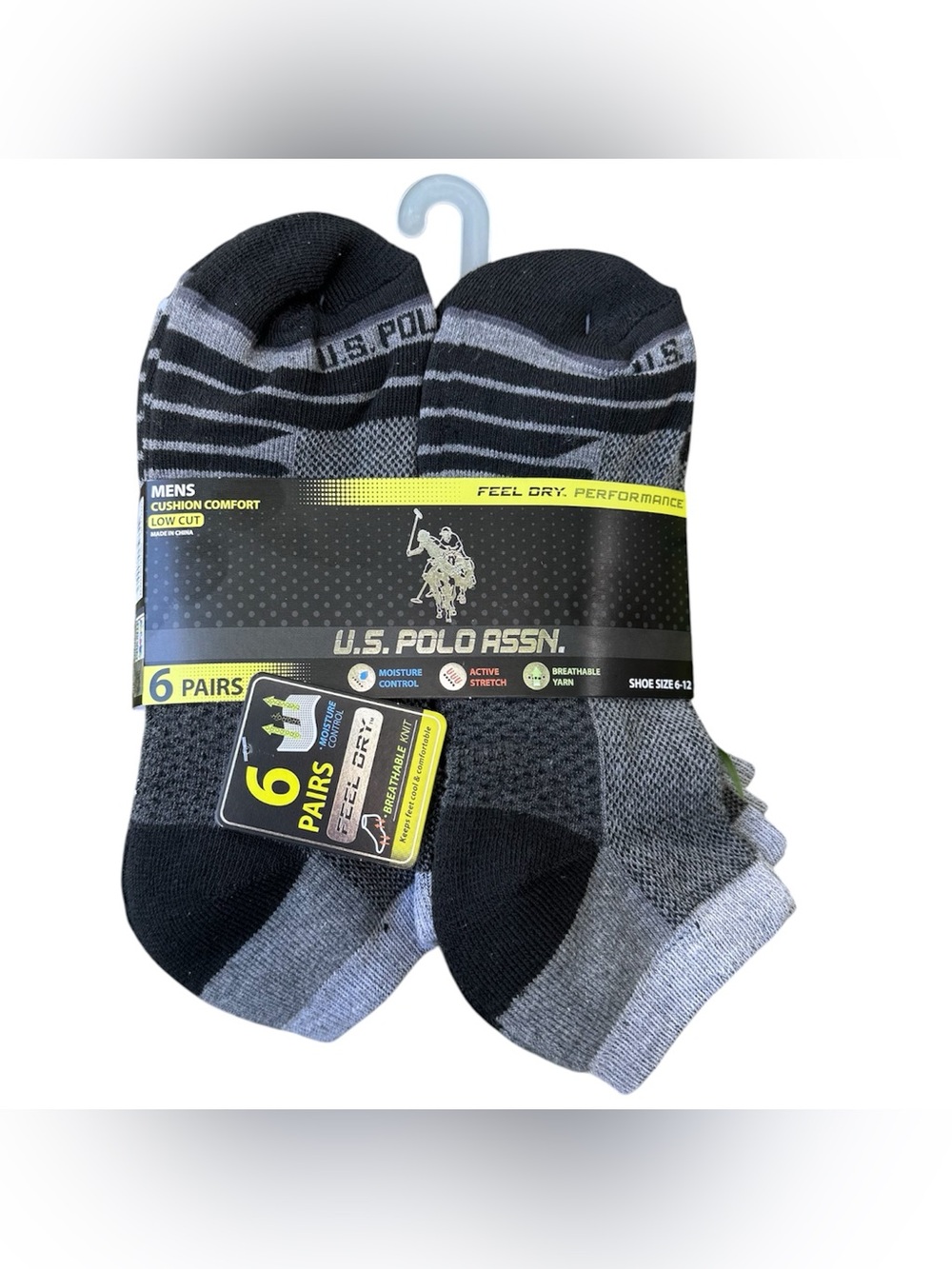 U.S. Polo Assn Men’s Low Cut Cushion Comfort Black Gray Stretch 6 Pairs Socks